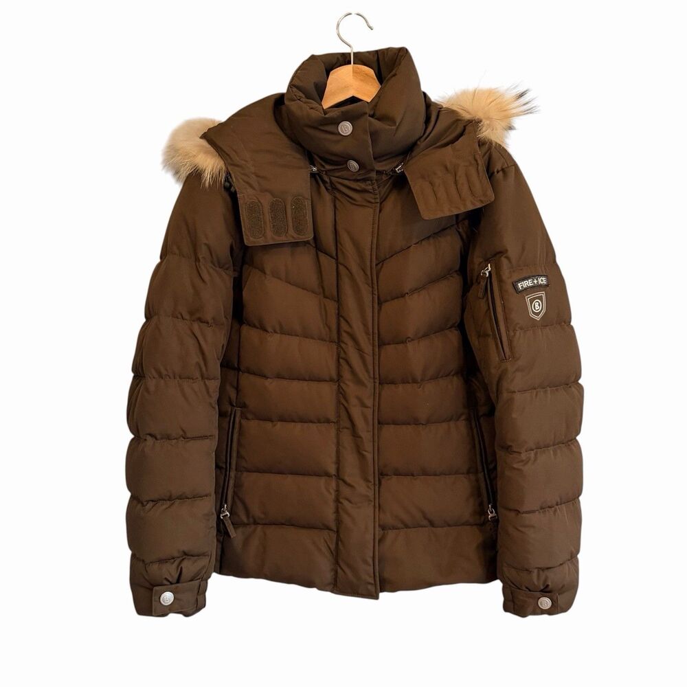 Bogner Fire+Ice Womens Down Hooded Puffer Ski Jacket Size 12 Insulated Fur Trim